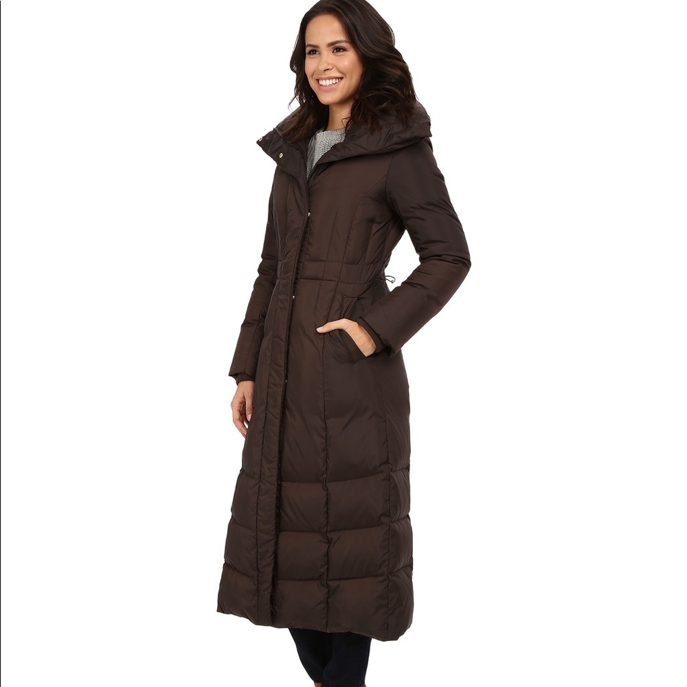 Cole Haan full length dark brown down coat. S. New
